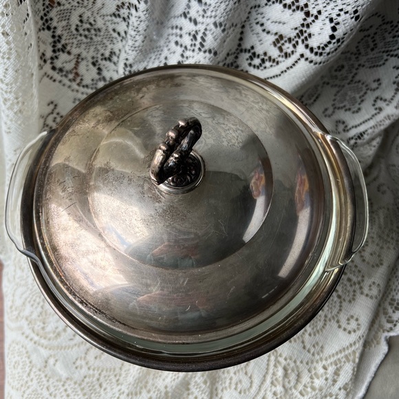 Vintage Silver Plate Serving Tray With Anchor Hocking 10 in across Dish. - Picture 10 of 13